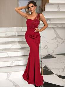 Joyfunear Vestido de noche de sirena con un solo hombro (muy enjoyado) para mujer - Burdeos - Ver 2