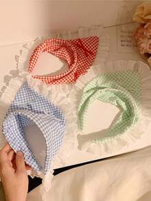 1pc Kids Girls Plaid Headband, Colorful Lace Edge Anti- Bandana Scarf, Versatile Hair Accessories For Toddler Girls - Multicolor - View 4