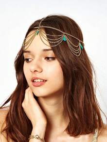 1 件简约复古波西米亚风格仿绿松石流苏头带，时尚金链发饰，适合女性日常和节日，头饰，头饰珠宝，发饰，发藤链，女士珠宝，金色头饰，婚礼