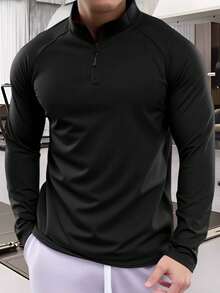 Freedom Top de fitness de cuello alto para hombres, ropa de salida para correr y ciclismo, con media cremallera, ropa deportiva para exteriores, informal para exteriores, mangas largas con silueta estilizada, adecuado para maridos y novios que aman usar todo el año - Negro - Ver 2