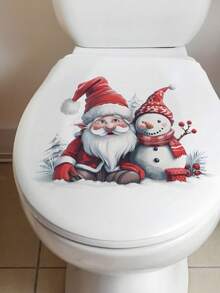 Christmas Bathroom Decoration Sticker, 1pc Self-Adhesive Removable PVC Wall Decal, Contemporary Style Santa And Snowman Toilet Tattoo, Holiday Party Atmosphere Decor, Christmas And New Year Non-Electric Accessory Without Feathers