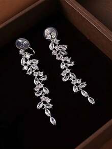 1 对优雅水钻叶流苏夹式耳环，时尚无穿孔耳环，适合女性、婚礼、派对、珠宝礼物 - 銀色 - 查看 6