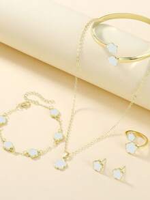 Conjunto de 5 joias de liga com design de flores da sorte, presente moderno para mulheres, pulseira de cristal de cura, promove a cura energética espiritual, adequada para uso diário, presente ideal para família, esposa ou parceira