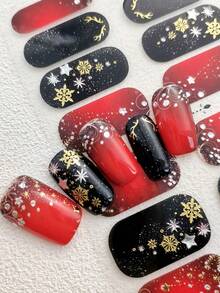 1pc Christmas-Style Self-Adhesive Full-Coverage Nail Sticker, With Golden Elk Snowflake Shiny Patterns, Perfect Christmas DIY Nail Styling