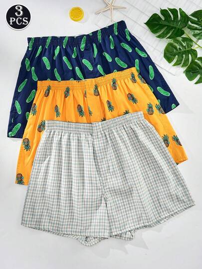 3 piezas/paquete Calzoncillos tipo bóxer con cintura elástica y estampado, ropa interior casual y holgada para hombres