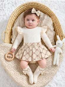 Baby Girls' Ribbed Ruffle Hem Bow Decor Bodysuit, Cute Infant Bodysuit With Socks And Headband Set - Apricot - View 10