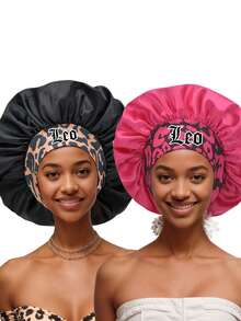 1pc Geometric & Leopard Print Polyester Satin Bonnet, 12 Constellations Personalized Printed Satin Wide-Brimmed Elastic Sleep Cap Hat (Random Printing Pattern) Hair Sleep Cap - Bean Paste Color 15/3 - View 9