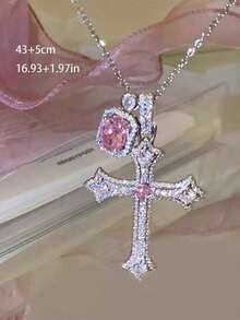 "1pc Rhinestone Cross Necklace With Pink Square Pendant, Fashionable Silver Jewelry For Women, Luxury Necklace For Daily Wear, Perfect For Dating, Parties & Festivals" - 銀色 - 查看 5