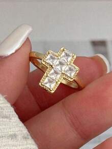 1pc Minimalist Gold Cross Open Ring For Women, Copper Inlaid With Zirconia, Personalized Religious Jewelry, Suitable For Daily Wear/Religious Believers