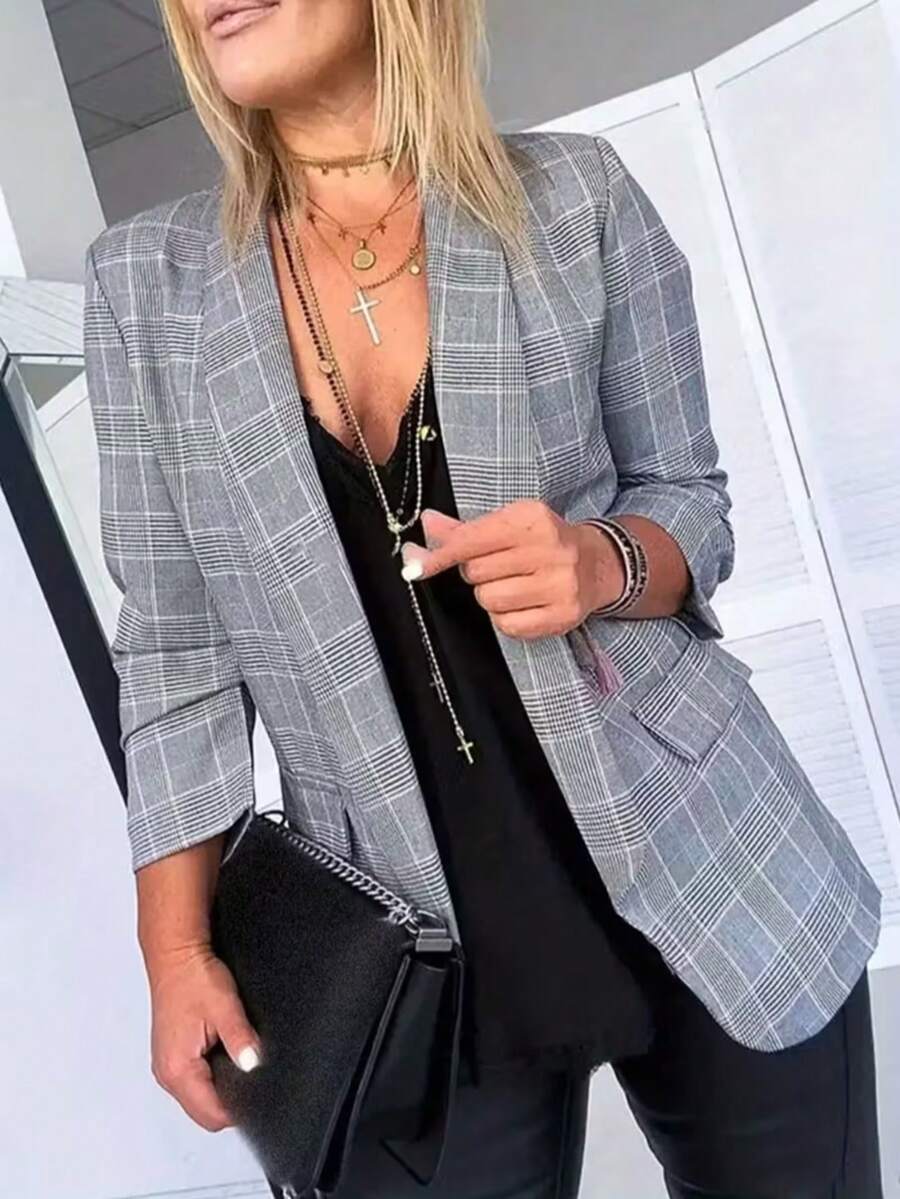 Women's Grey Plaid Woven Fabric Regular Fit Long Sleeve Blazer Jacket, Creating A Casual Chic Look