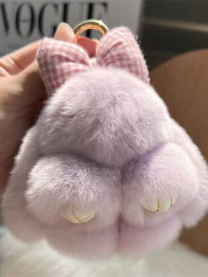 Lindo accesorio de bolso con colgante de conejo de peluche con moño