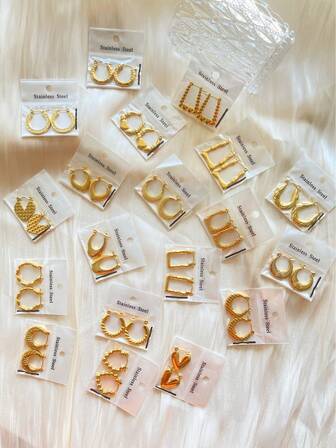 1-15 Pairs High-Grade Retro Female Luxury Light Retro Hoop Earrings Multi-Style Vintage 18 Gold Plating Jewelry Hoop Earrings For Women, Stainless Steel Geometric Heart Simple Design Earrings Perfect For Everyday Wear And Parties Gift-[Random Style Shipment] Lucky Gift