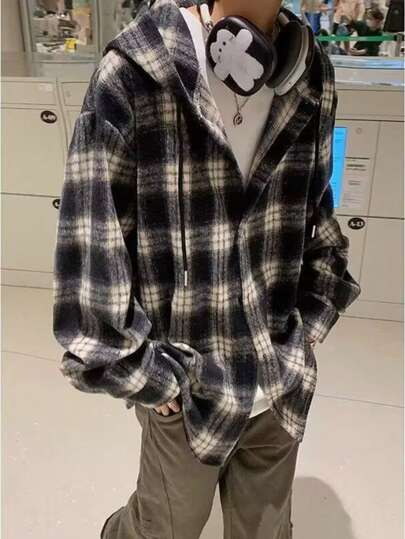 秋の新作青春ピンクチェックシャツカップルキャップゆったり長袖けだるい風コートファッション秋のメンズトレンドデザイン感新作で個性と快適さを表現今シーズンはもう半分と一緒に秋のけだるい時間を楽しむことができます