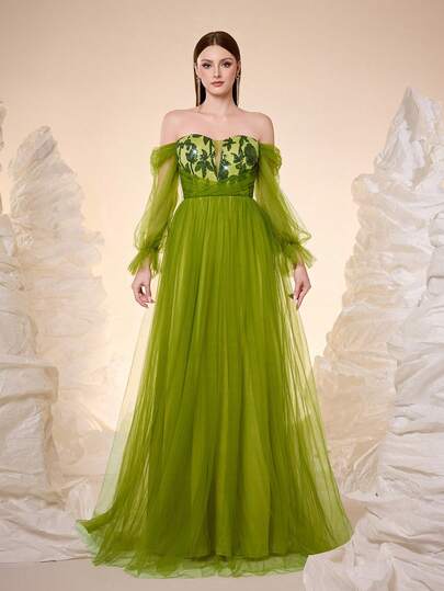 Mgiacy,New Arrival,Off Shoulder,Sequin,Elegant,Ball Dress,Ruffle,Overlay,Mesh,Lantern Sleeve,Long Dress,FOR,Graduation,Prom Wedding,Party Dress,Wedding Guest Dress, Evening Dress