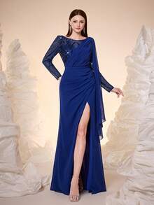 Mgiacy, New Arrival, Round Neck, Sequin, Shining, Ball Dress, Belt, Perspective, Ruffle, High Slit, FOR, Prom Wedding, Party Dress, Wedding Guest Dress, Evening Dress - Royal Blue - View 1