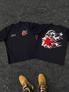1pcs Men's Flaming Star Face Double Sided Digital Printed T Shirt Streetwear 100% Cotton Casual Graphic Tee Urban Art 220g T Shirt - Black - View 1
