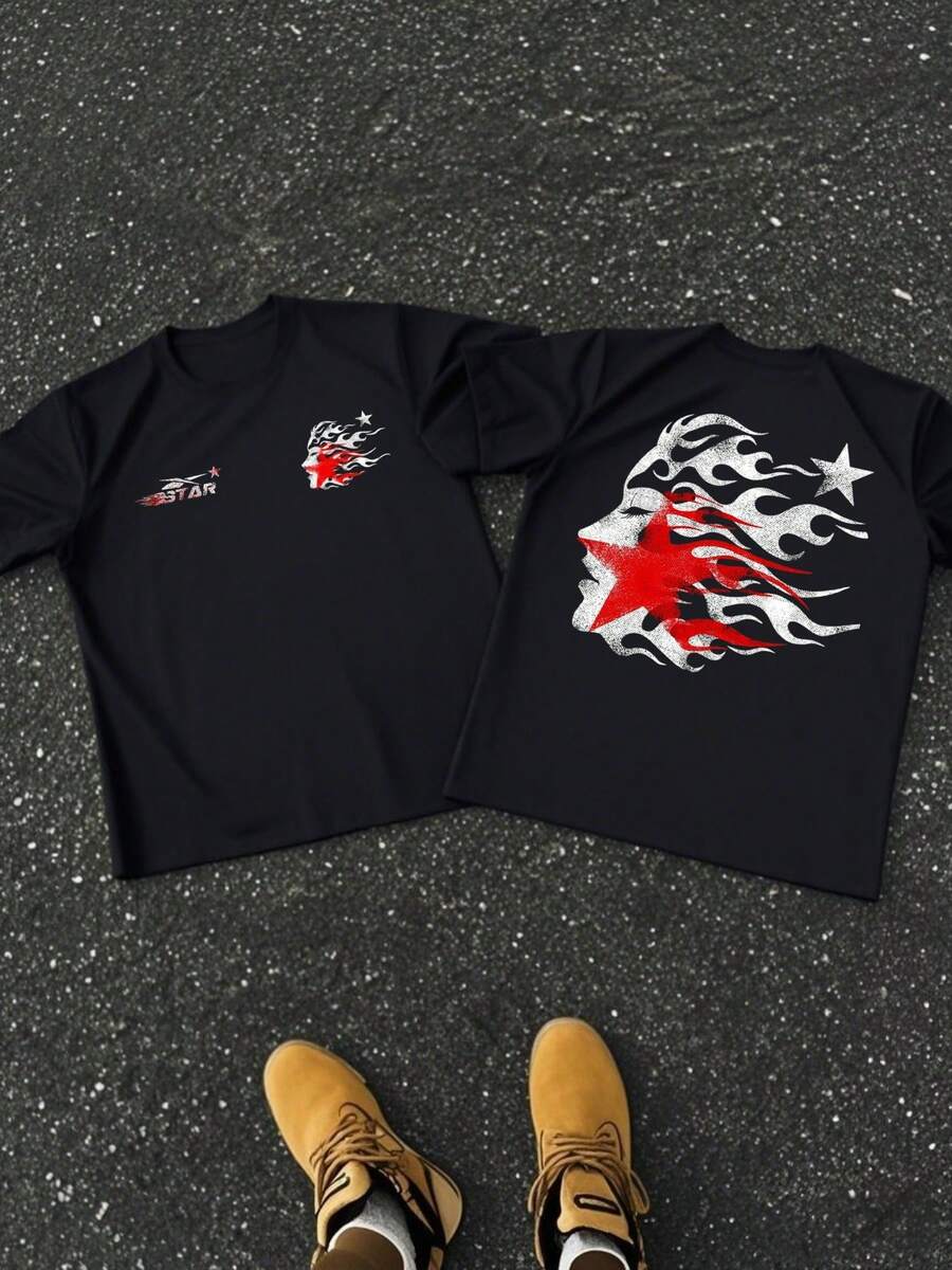 1pcs Men's Flaming Star Face Double Sided Digital Printed T Shirt Streetwear 100% Cotton Casual Graphic Tee Urban Art 220g T Shirt - Black - View 1