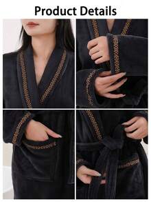 1pc Coral Fleece Women's Long Bathrobe, Multiple Colors Available, With Hood, Belt And Pockets, Fluffy Soft Warm, Unisex Bath Towel Robe, Women's Bathrobe, Super Soft Velvet Texture, Bathroom Supplies - Lapel-trimmed Bathrobe - View 13