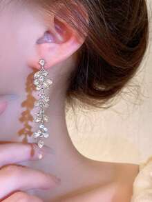 1 对优雅水钻叶流苏夹式耳环，时尚无穿孔耳环，适合女性、婚礼、派对、珠宝礼物 - 銀色 - 查看 3