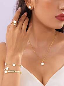 Conjunto de 5 joias de liga com design de flores da sorte, presente moderno para mulheres, pulseira de cristal de cura, promove a cura energética espiritual, adequada para uso diário, presente ideal para família, esposa ou parceira