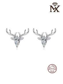 1 Pair Fashionable & Cute 925 Sterling Silver Cubic Zirconia Christmas Reindeer Antler Stud Earrings, Suitable For Women To Wear On Holidays And Everyday, Great Gift