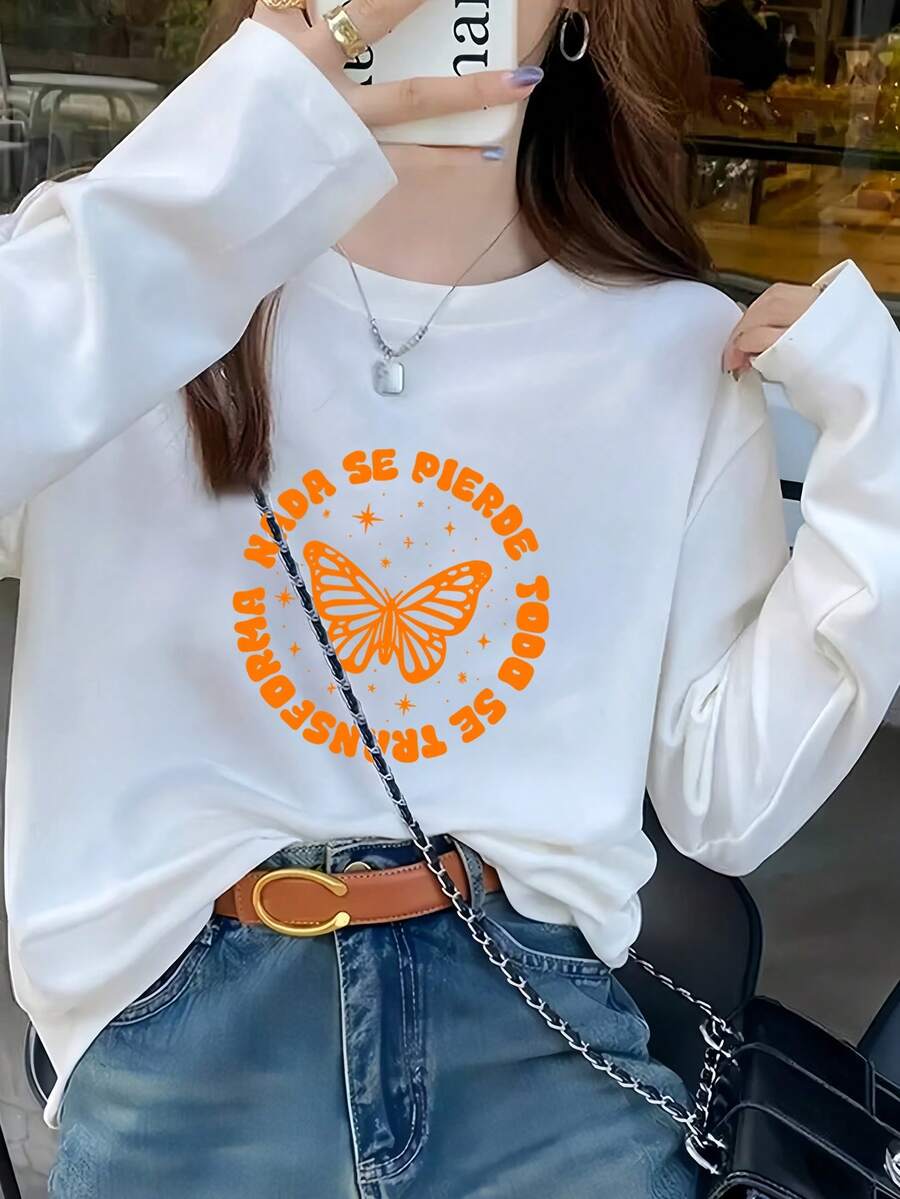 Butterfly Print Long Sleeve Round Neck T-Shirt, Casual Loose Fit Versatile Top For Women, Autumn