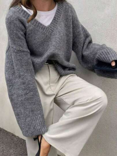 플러스 사이즈 여성 그레이 우아한 V넥 골지 니트 스웨터, 휴일, 캐주얼, 집, 학교, 데일리, 파티, 오피스 웨어, 가을/겨울에 적합