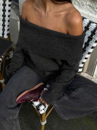 HoloChill Women's Casual Style Solid Color Off-Shoulder Ribbed Pullover Sweater, Summer Casual New Arrival