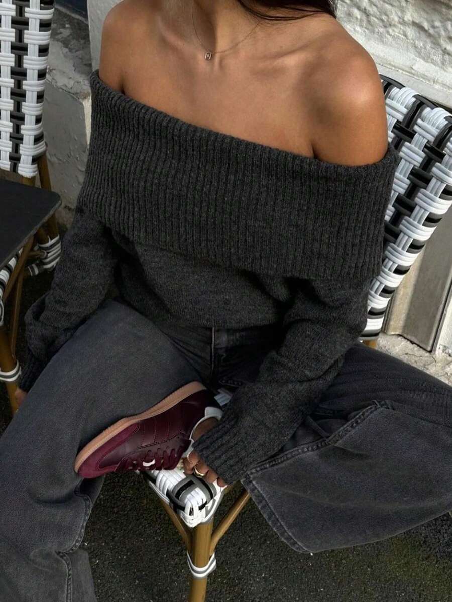 HoloChill Women Young Influencer Style Solid Color Off-Shoulder Ribbed Casual Pullover Sweater, Summer Casual New Arrival Carnival