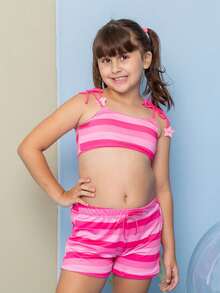 Double-Sided Bikini Kit + Shorts For Girls, UV Sun Protection, Children's Beach - 粉紅色條紋 - 查看 5