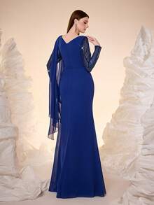 Mgiacy, New Arrival, Round Neck, Sequin, Shining, Ball Dress, Belt, Perspective, Ruffle, High Slit, FOR, Prom Wedding, Party Dress, Wedding Guest Dress, Evening Dress - Royal Blue - View 2