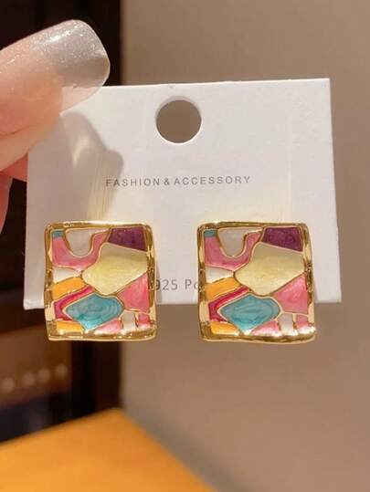 Pendientes cuadrados de esmalte colorido estilo bohemio, pendientes geométricos vintage con baño de oro, perfectos para vacaciones, uso diario y fiestas