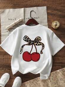Tween Girls 可爱樱桃印花圆领短袖 T 恤，夏季上衣