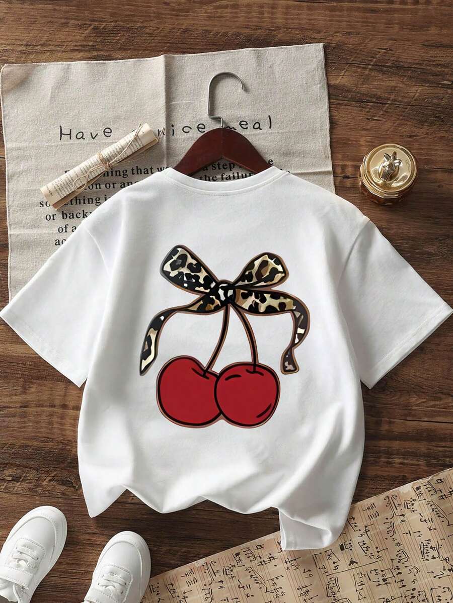 Tween Girls 可爱樱桃印花圆领短袖 T 恤，夏季上衣