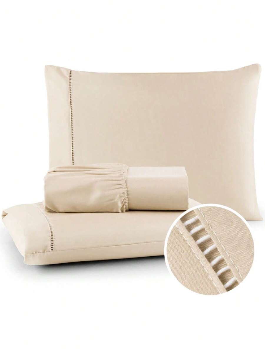 400 Thread Count Bedding Set With Elastic Hotel Standard Ponto Palito All Sizes Bedroom Soft Touch - 稻草 - 查看 1