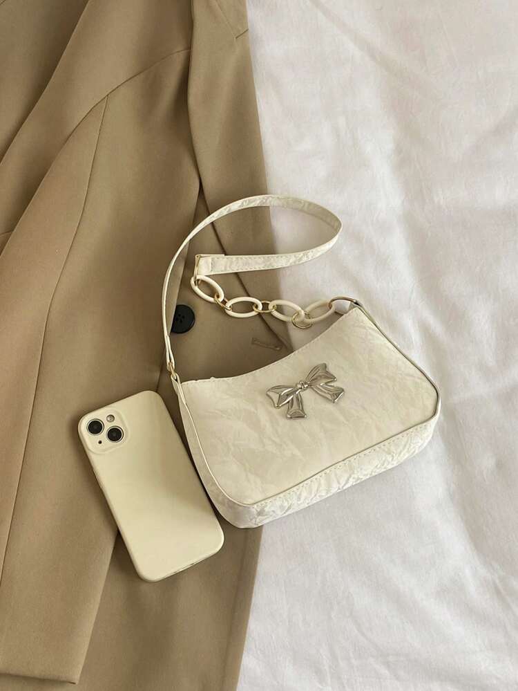 全新时尚休闲女式 PU 纯色黑色/咖啡色/卡其色蝴蝶结金属配件腋下零钱包化妆包 - 白色 - 查看 8