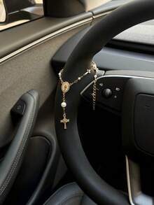 1 x Đồ trang trí tràng hạt vô lăng | Phụ kiện mặt dây chuyền tràng hạt ô tô | Trang trí xe hơi | Mặt dây chuyền ô tô | Trang trí mặt dây chuyền ô tô thời trang độc đáo - Thập tự giá ngọc trai - Xem 9