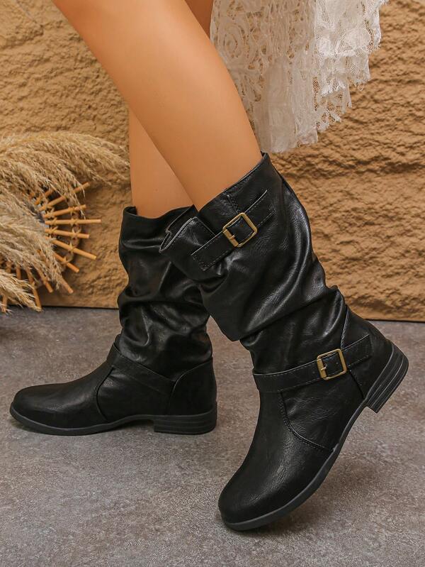 بوت نسائية موضة، بوت مطوية قطعة واحدة، بوت كاحل نسائية ذات كعب مسطح بإبزيم بطراز غربي، لون أحادي، للعطلات