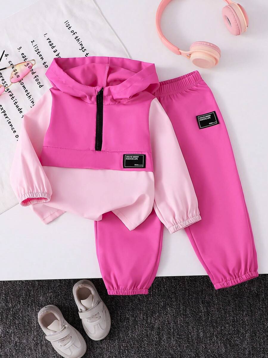 Baby Girl Pink & Burgundy Patchwork Hooded Top And Burgundy Sports Pants Set, Autumn/Winter - Hot Pink - View 1