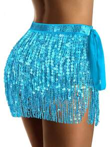 Sequin Skirt For Women Sparkly Skirt Tassel Skirts Halloween Sequin Fringe Skirts Belly Dance Glitter Rave Outfit Wrap - 綠色 - 查看 8