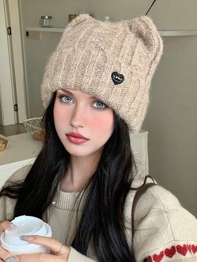 1pc Women's Cute Cat Ear Beanie Hat, Warm Knitted Cap With Small Head Circumference, Versatile For Autumn/Winter Outdoor Activities Like Walking, Skiing, Riding, Shopping, And Daily Wear