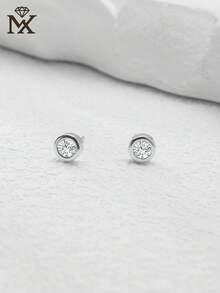 1 Pair 925 Sterling Silver Minimalist Round Cubic Zirconia Stud Earrings, Suitable For Daily Wear