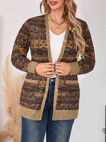 Bohemian Retro Print V-Neck Cardigan, Comfortable Stretchy Knit, Casual Plus Size Women Knitted Cardigan, Spring/Autumn