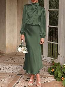 Satin Long Sleeve High Neck Ruched Asymmetrical Elegant Formal Dress, Suitable For Cocktail Party, Bridesmaid - xanh quân đội - Xem 4