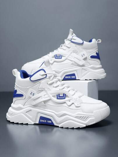 Unisex White & Blue Casual Sneakers - Mid-Top Lace-Up Shoes, With Shock-Absorbing PVC Sole, Arch Support And All-Season Comfort Design, Suitable For Running, Gym And Everyday Casual Wear. Synthetic Leather Upper And Round Toe Design, Neutral Sports Shoes Combining Gym And Athletic Styles, Durable Structure, Comfortable Wear, Suitable For Active Lifestyles And Fitness Enthusiasts