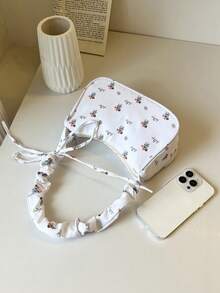 1 件白色尼龙面料光滑拉链抽绳肩带花卉印花时尚百搭休闲别致简约斜挎包，适合女性日常使用 - 白色 - 查看 9