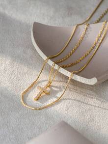Nooxian 2pcs/Set Fashionable Casual Gold-Tone Cubic Zirconia Cross Pendant Double-Layer Necklace Set For Women