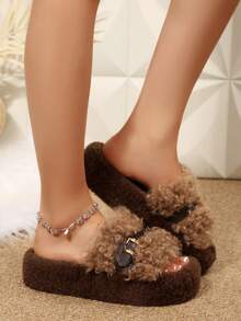 Pantofole aperte e soffici vintage per donna, con decorazione in metallo a fibbia, calde ciabatte di pelliccia per interno/esterno, adatte per autunno/inverno