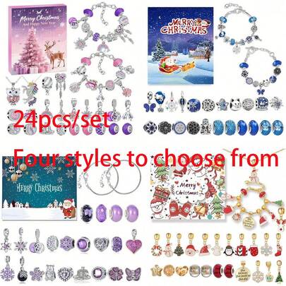 Cutie cadou pentru colier cu calendar de Advent de Crăciun, 48/24 buc, cu 24 de sloturi, 4 stiluri, inclusiv ren, Moș Crăciun, brelocuri metalice, design clasic de sărbători, nu necesită electricitate, potrivit pentru decorarea de Crăciun și Paște, cadouri de sărbători, brelocuri metalice durabile, mărgele și decorațiuni mici, kit de artizanat pentru brățări DIY, meșteșuguri creative, amulete, cadou excelent pentru prieteni