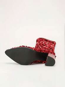 时尚简约黑色百搭女士高跟靴，套穿式，粗跟亮片装饰，弹力中筒尖头修身靴，适合秋冬季穿着。 - 紅色 - 查看 10